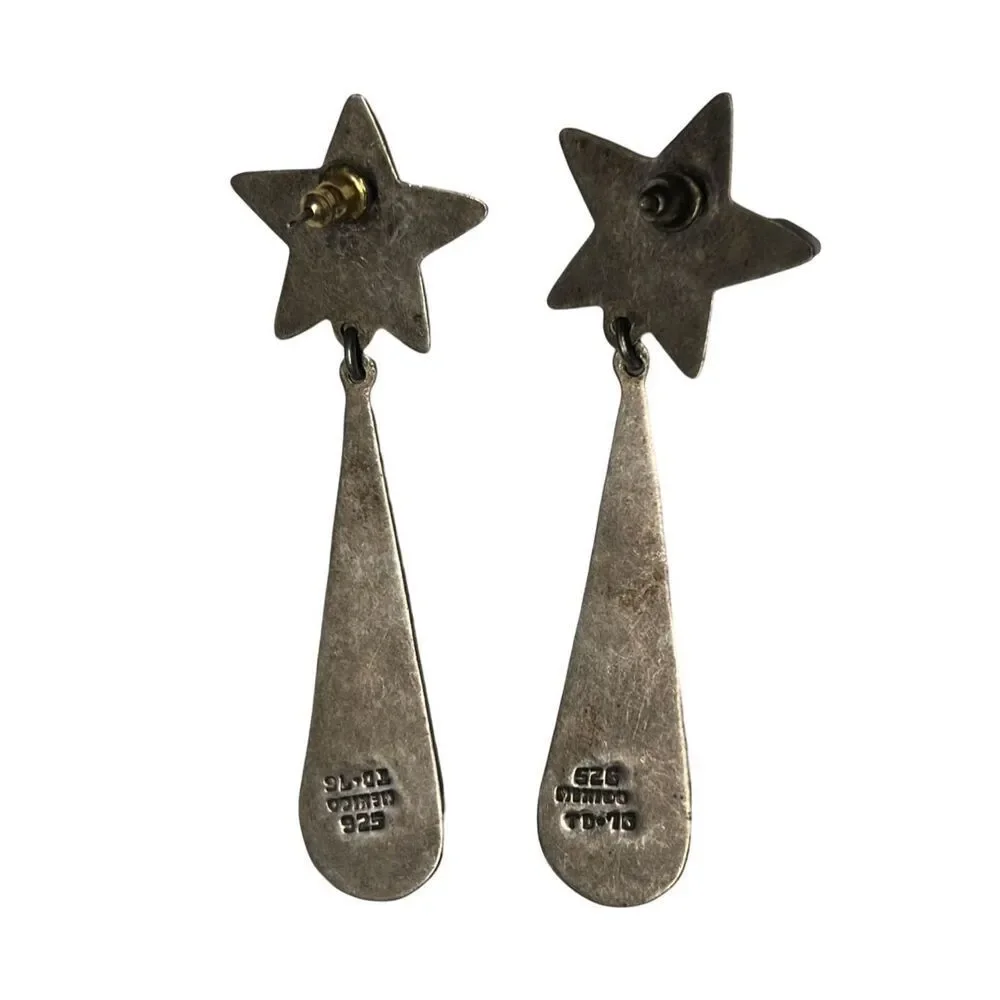 SOLD Rare Taxco Sterling Silver Star Drop Earrings Vintage 1970s - Picture 7 of 11